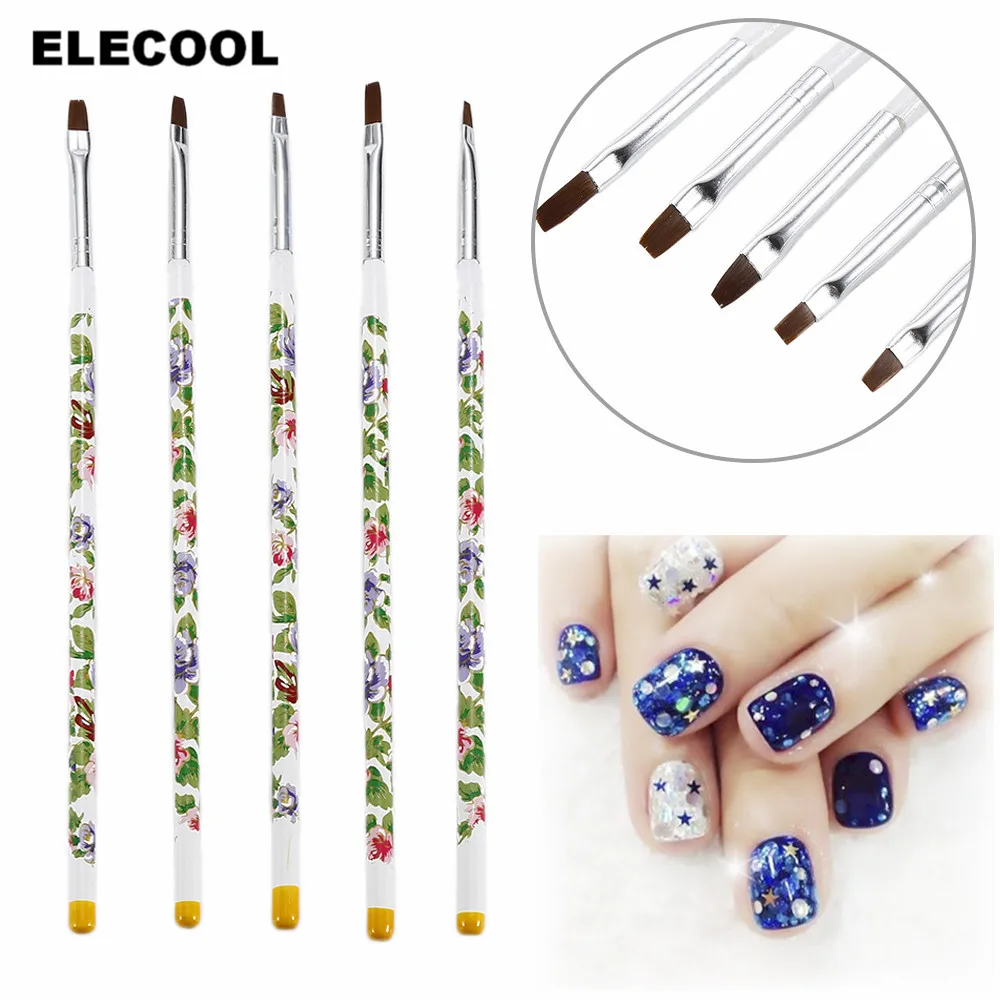 

ELECOOL 5Pcs/Set Flat Head Nail Art Painting Brush With Flower Pattern UV Gel Pen Set 3D Manicure Design Drawing Pen Durable