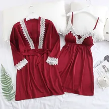 2 шт. ночная рубашка Для женщин шелковый атлас Кружева шнуровка платье без рукавов халат, сексуальная ночная рубашка для дам с груди площадку MA50154