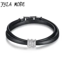 Brand New Elegant Leather Bracelet with Zircon Charm Bracelet Female Party Jewelry Champagne Silver-Color Hand Accessories