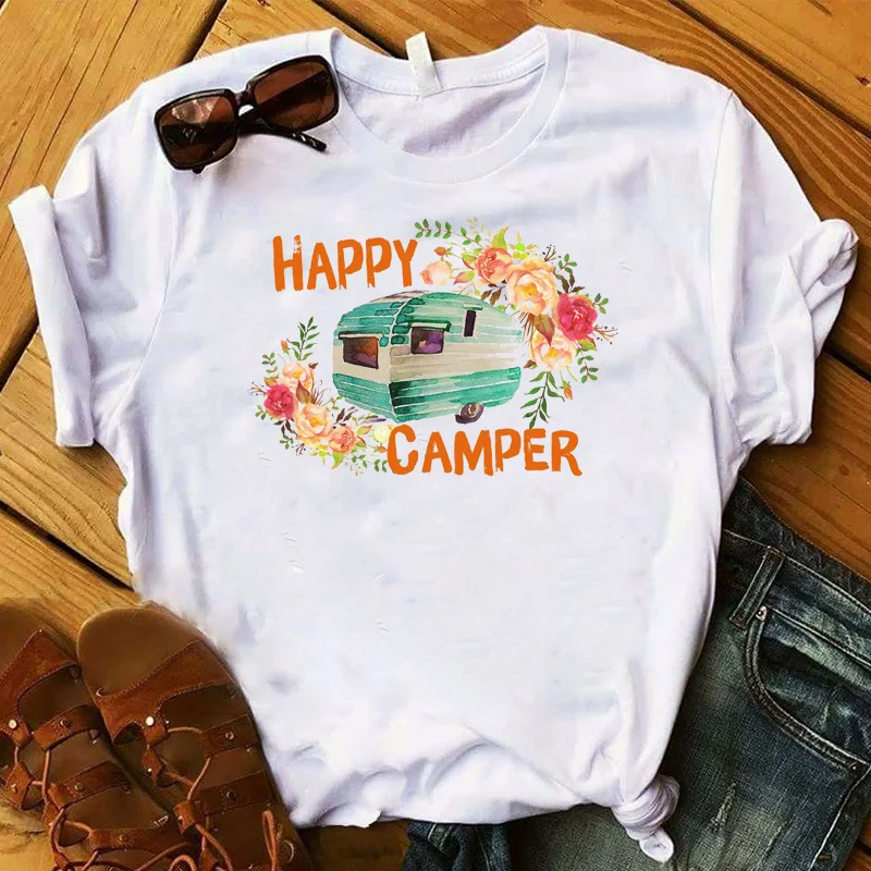 Модная женская футболка, Женская счастливый Турист, Цветочная футболка с цветочным принтом, футболка с графическим рисунком, женская футболка, женская одежда, футболка