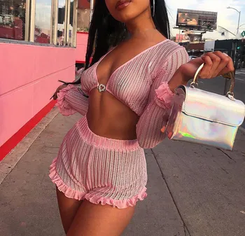 

Cute Ruffled Mesh Trim Shorts Two Piece Set Women Crop Top And High Waist Shorts Outfits Short Streetwear Matching Sets