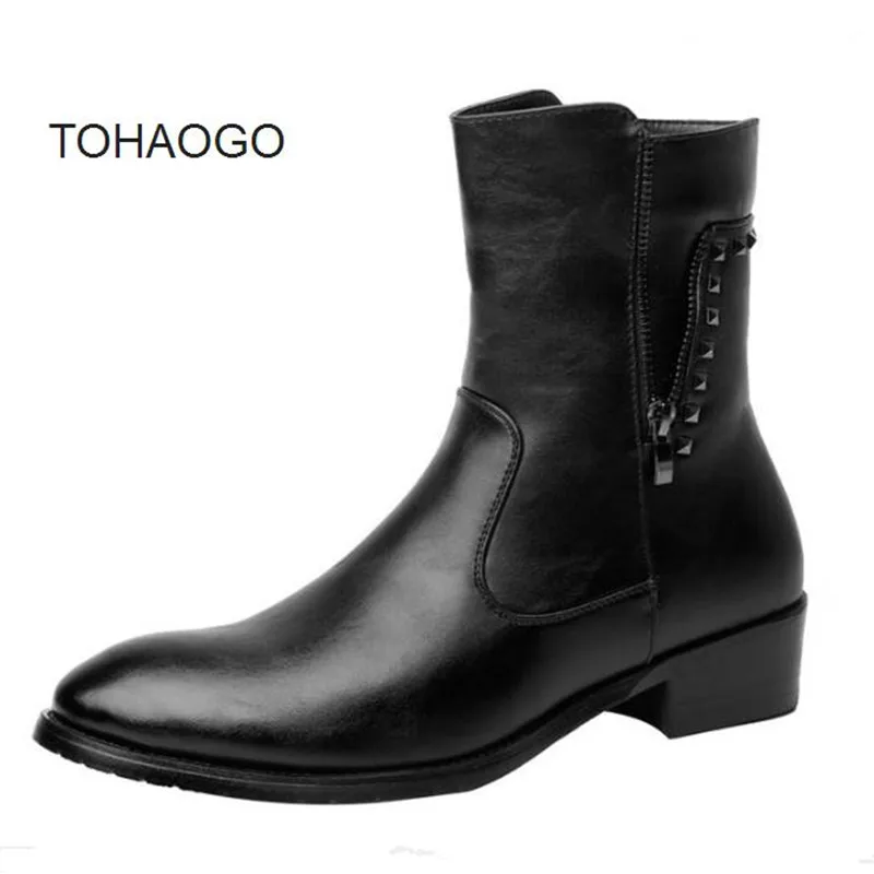 

Men's boots mid heel black PU Autumn and winter small size men's shoes Fashion rivet booties Motorcycle martin boots botas mens