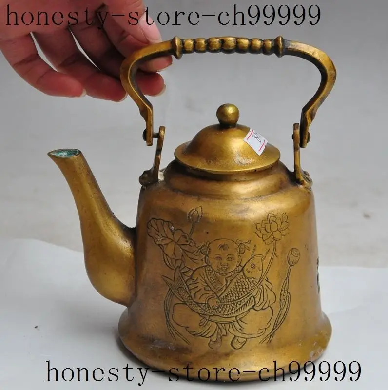 

christmas china bronze boy lad child fish lotus lucky statue Yellow wine Tea Pot Flagon halloween