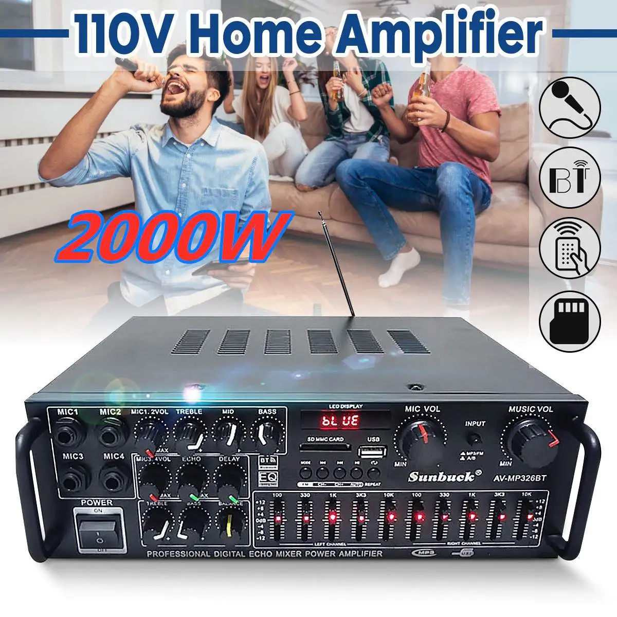 

2000W 110V/220V Equalizer bluetooth Home Stereo Power Audio Amplifier Audio USB SD Remote Amplifiers Subwoofer Amplifier