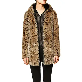 

Women's Winter Warm Fashion Leopard Print Faux Fur Zip Up Coat Warm Hooded Long Jacket