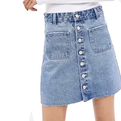 Пикантные для женщин джинсовая мини-юбка спереди однобортный Кнопка большие карманы потертые джинсовая юбка обувь для девочек Байкер