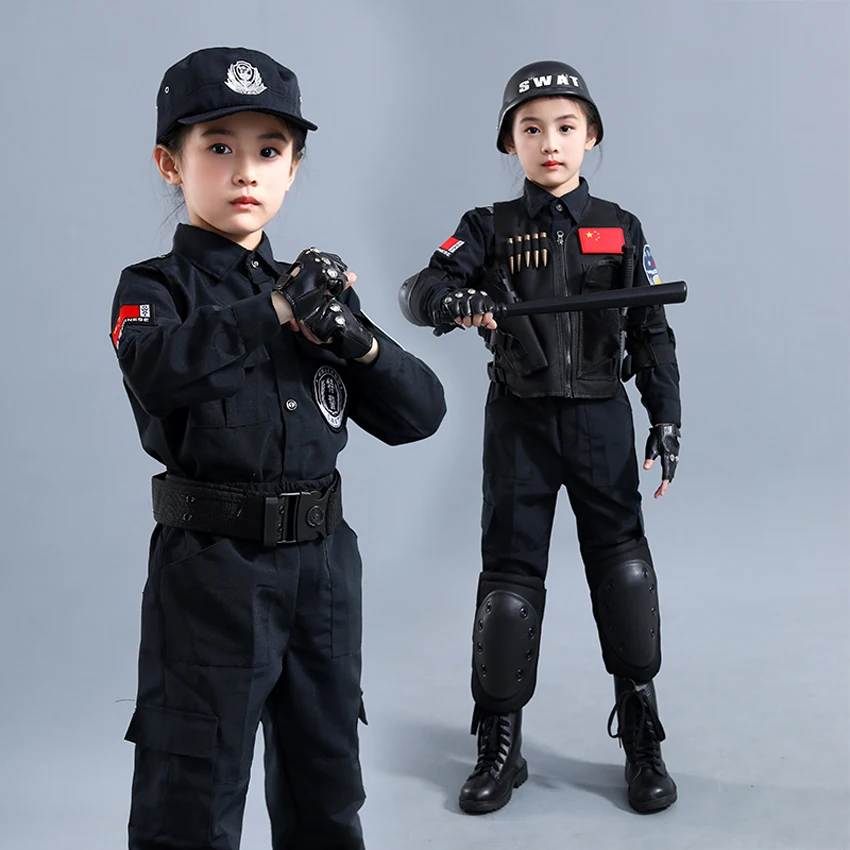 

Children Military Uniform Special Force Policewomen Cosplay Costumes Kids Halloween Party Policemen Jacket Set with Cap