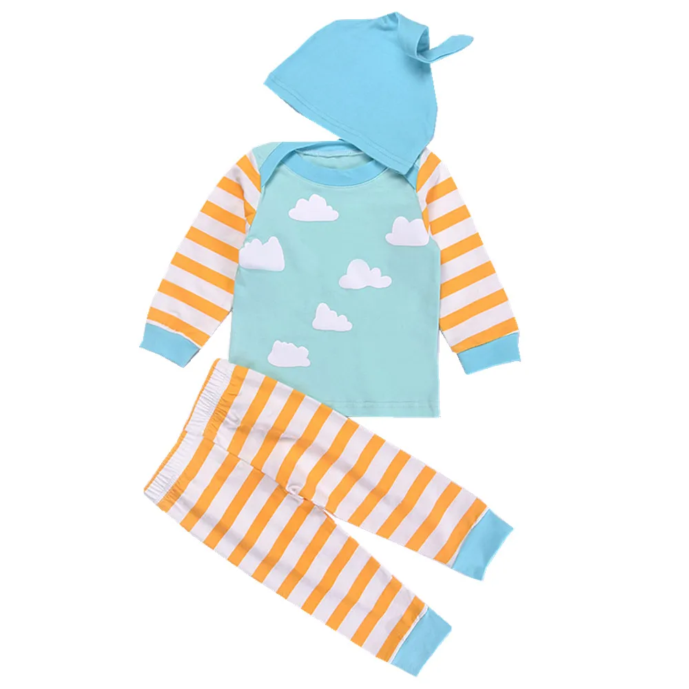 

Cute Cloud Infant Newborn Baby Girl Clothes Autumn Tee Shirt Pant Hat 3pcs Sport Suit Soft Cotton Toddler Boys Tracksuit Stripes
