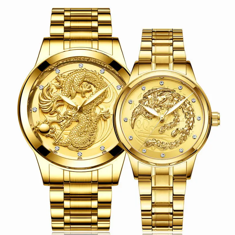 FNGEEN Couple Watch Men Dragon Women Phoenix Watches Top Luxury Brand Quartz Gold Clock