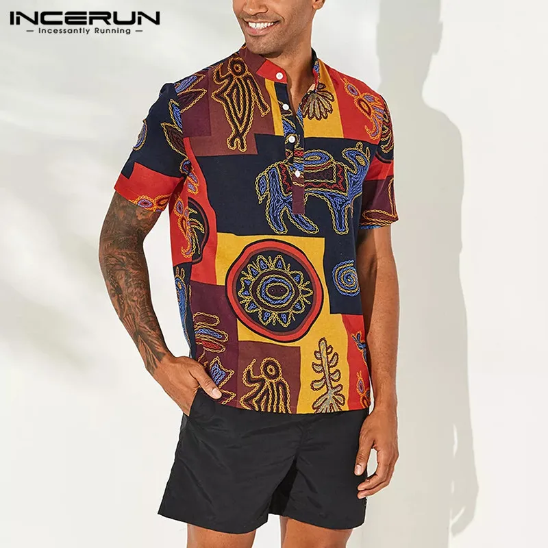 INCERUN Мужская рубашка с коротким рукавом и стоячим воротником, дышащие хлопковые топы в этническом стиле с принтом, винтажные свободные Гавайские рубашки для мужчин 5XL