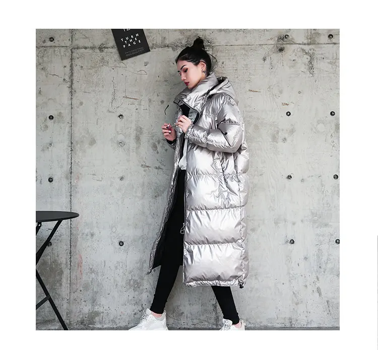 Long Silver Jackets Women Parka Winter Warm Outerwear Fashion Bright Cotton Coat Ladies Winter Loose Down Jacket Thick T399