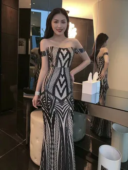 

2019 Dress Sexy Celebrity Backless Short Sequined Women Elegant Slash Neck Night Club Bandage Body con Party Dresses Wholesale