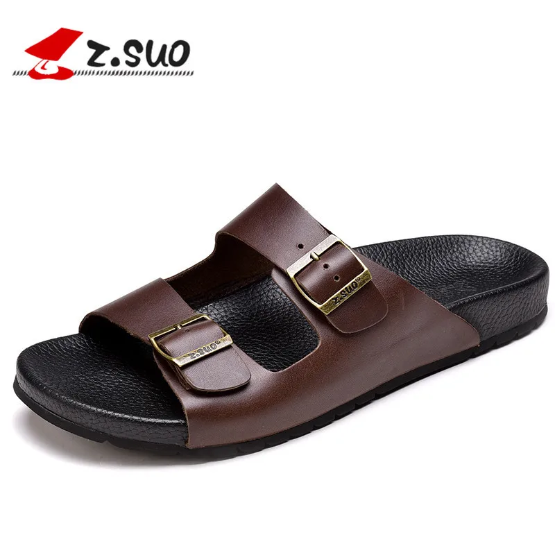 

Z.SUO Brand Summer Genuine Leather Men's Slippers Fashion Metal Buckle Non-slip Sandals Beach Shoes for Men