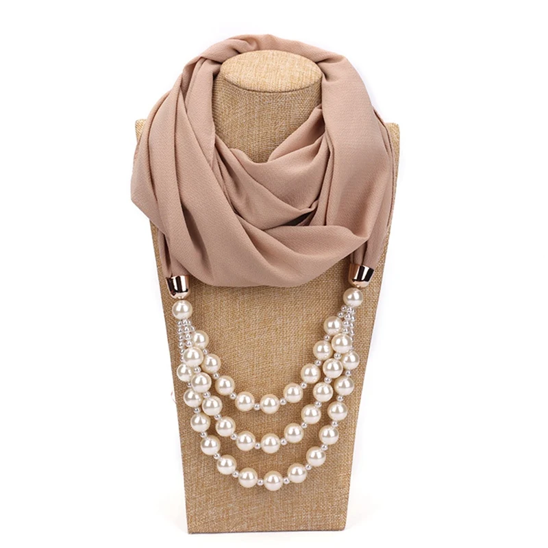 

New Pendant Scarf Necklace Pearls Necklaces For Women Chiffon Scarves Pendant Jewelry Wrap Foulard Female Accessories