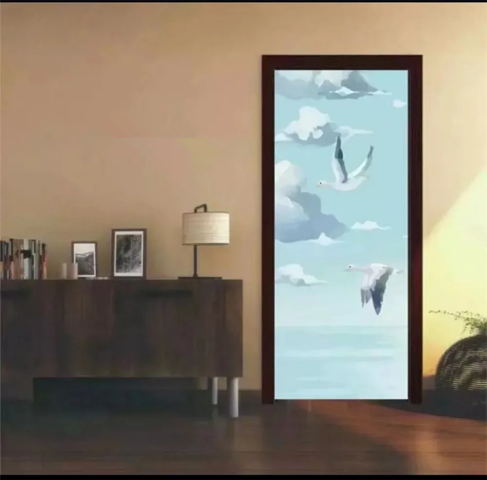 90x200 см/77x200 см Чайка белые облака наклейки на дверь для гостиной спальни креативные виниловые обои домашний декор клейкий плакат - Цвет: 001