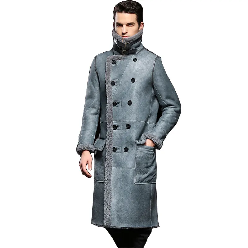 Длинная кожаная куртка воротник мандарина овчина пальто мужское куртка|men leather