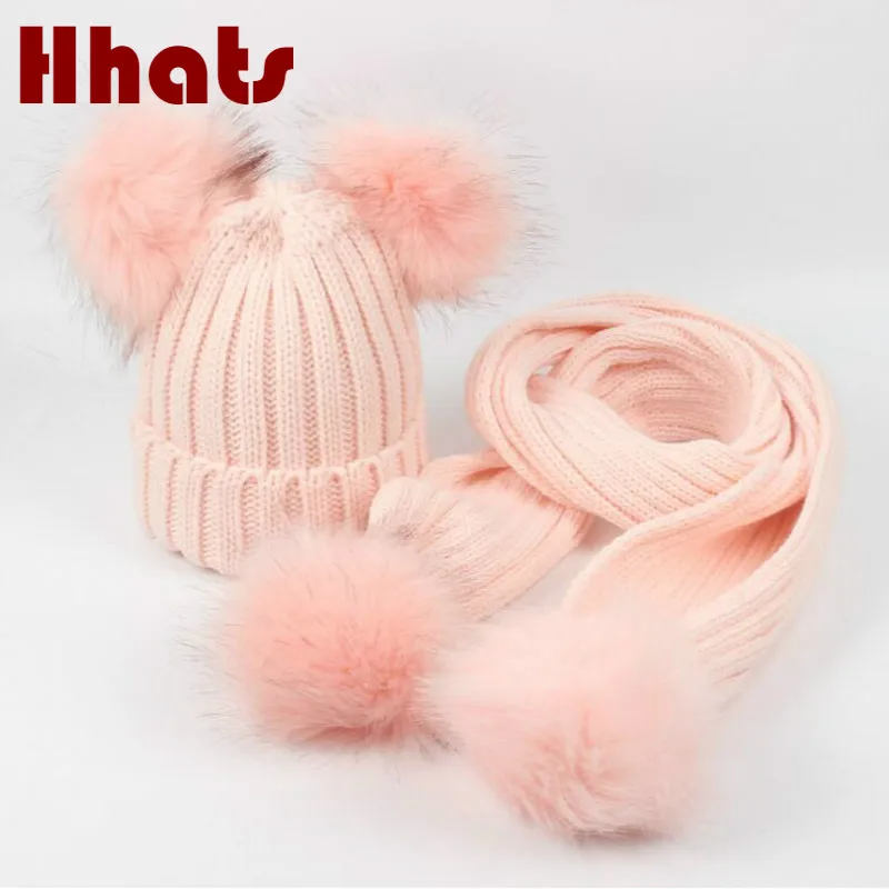 

children scarf and hat sets solid girl faux fur pompom ball bonnet and scarf set double pom pom knitted hat & scarf set