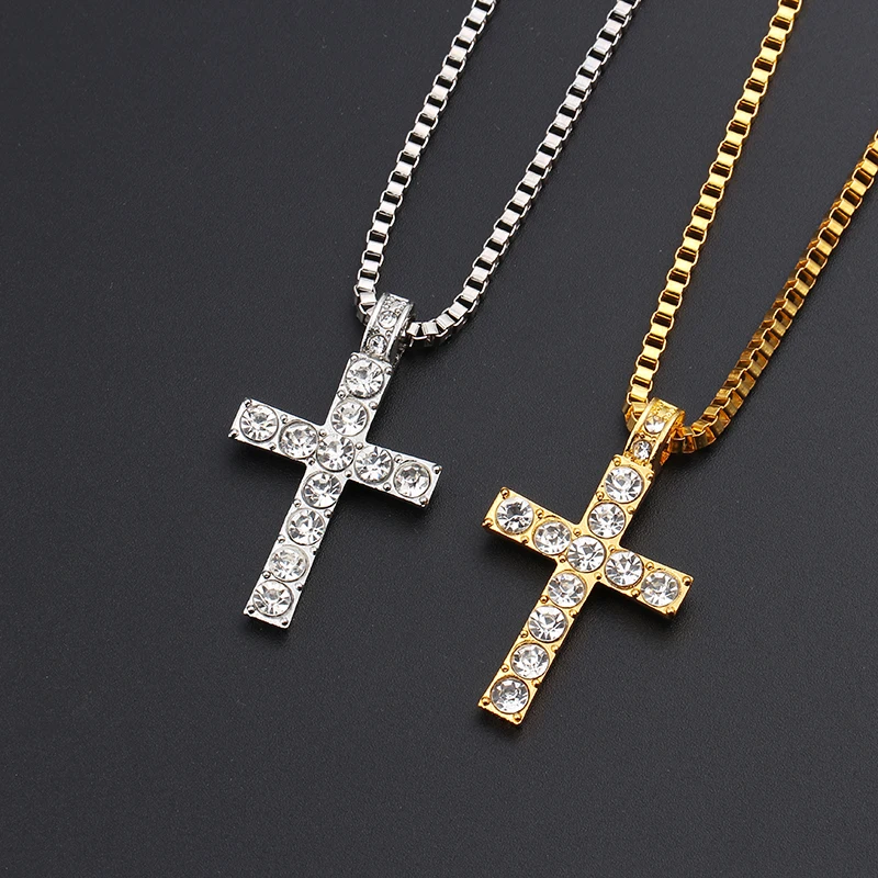 Hip Hop Alloy Gold Color Cross Pendant Necklace Religious Iced Out