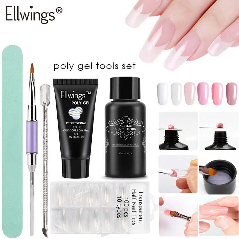 Ellwings Poly Gel Varnish Set Nail Art Brush PolyGel Kit Quick Builder Extension French Crystal Jelly Nails Manicure Tips | Красота и