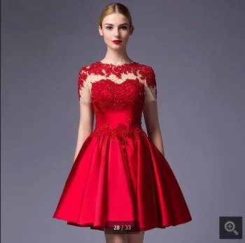 

Free shipping cheap red lace satin homecoming dress a line short sheer back sexy appliques homecoming gowns informal petite gown