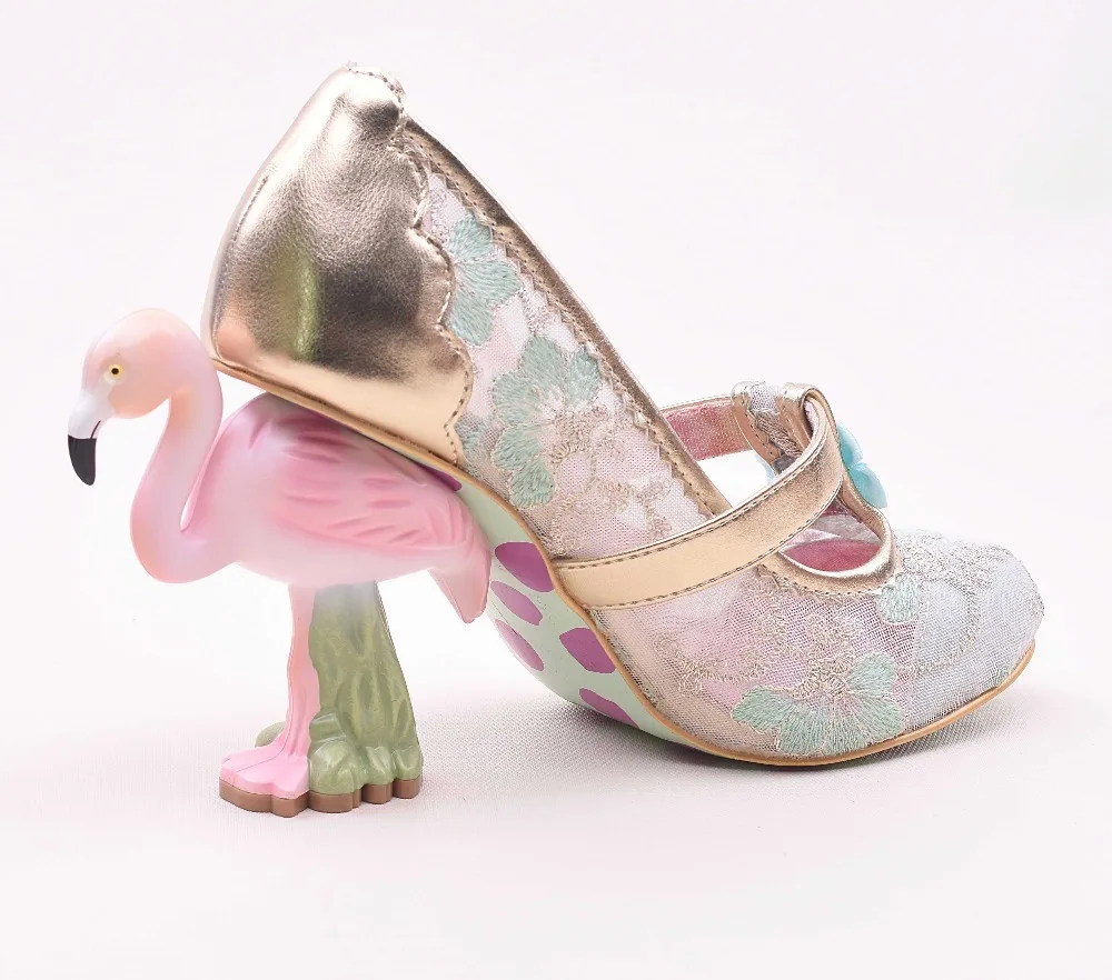 

Flamingos heel Lace Women Pumps Strange High Heels Wedding Party Shoes Woman Sweet Knot Pink Candy Color Zapatos Mujer fashion