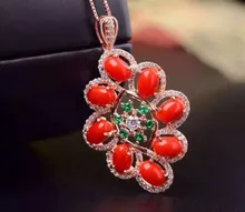 natural red precious coral pendant S925 silver Natural gemstone Pendant Necklace trendy Luxury round string women fine jewelry
