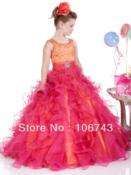 

free shipping 2013 Lovely Fuchsia/Peach Organza Little Girl Pageant Dress Girls Celebration Dresses Flower Girl Dresses