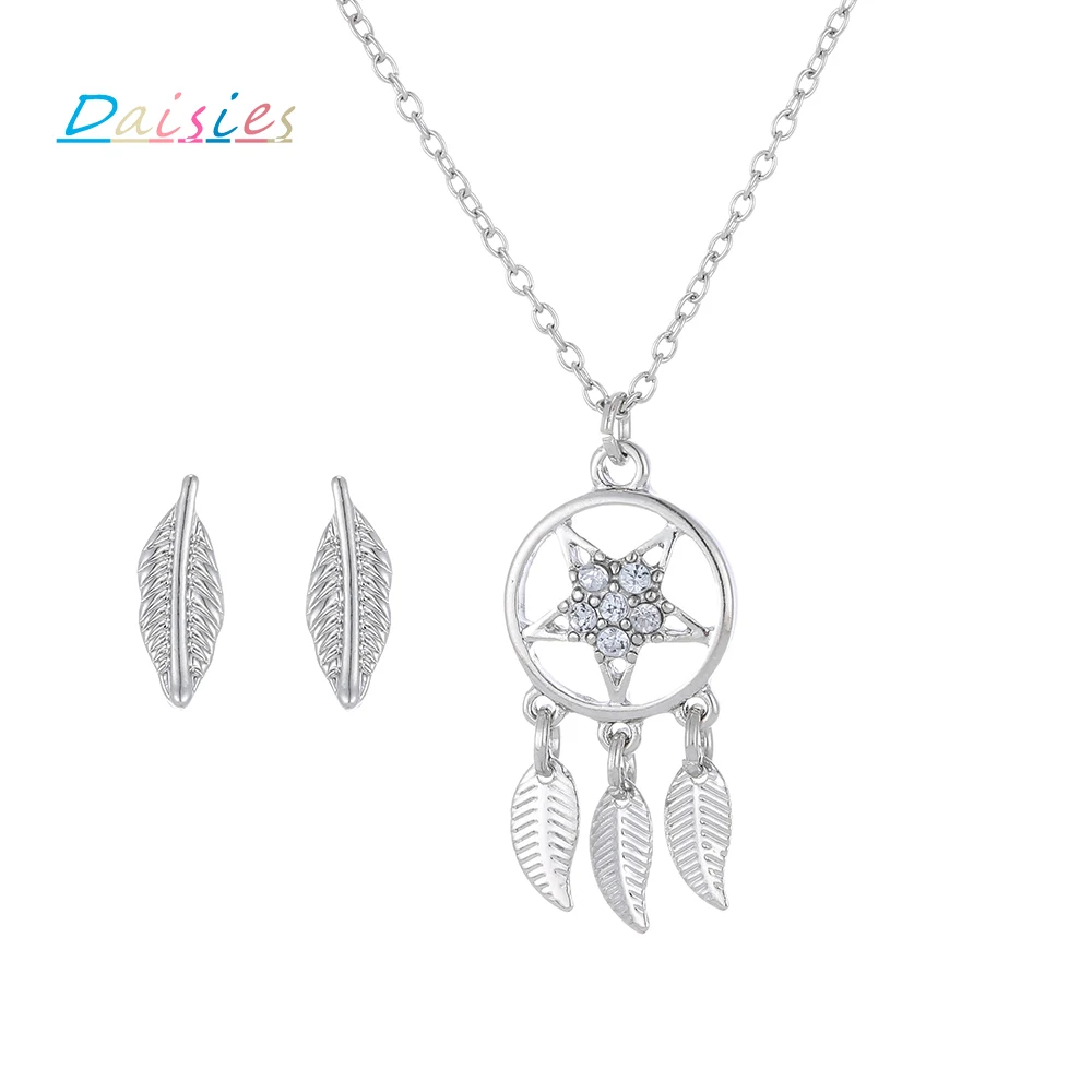 Daisies Dream Catcher Pendant Necklace Set Vintage Leaf Tassel Earrings