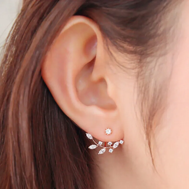 Women's Crystal Leaf Ear Jacket Earrings Back Cuff - Statement Jewelry Ear Studs image 2