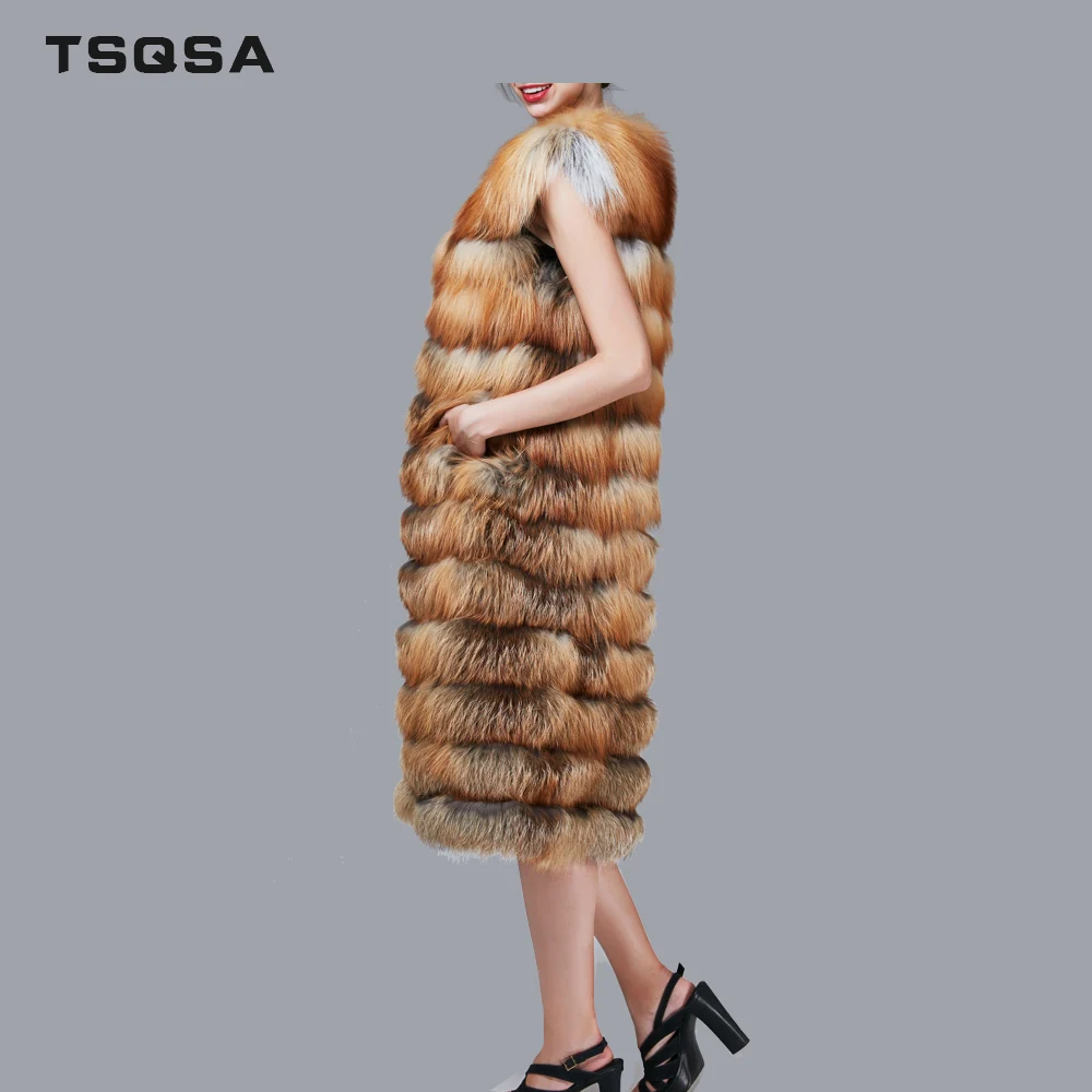 Pelt Réel gray Fourrure Naturel Pardessus Tc1717 Vêtements Manteau Renard Femmes Hiver Chaud Pleine Femme De Sleeeveless Natural Mode Longue Rouge rOB1qwr