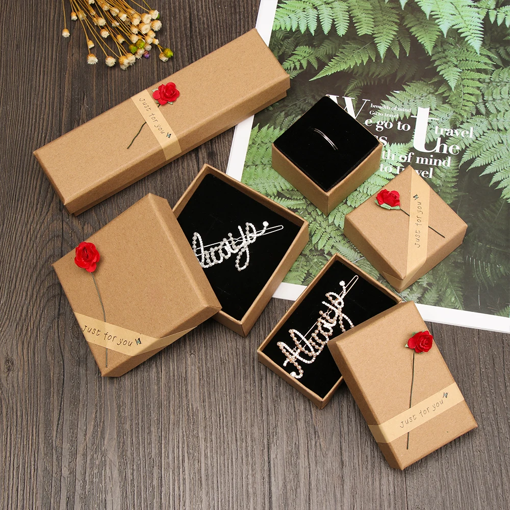 

1Pc Creative Jewelry Box Square Rectangle Retro Kraft Jewelry Box Gift Cardboard Boxes Rings Earrings Watch Organizer Box