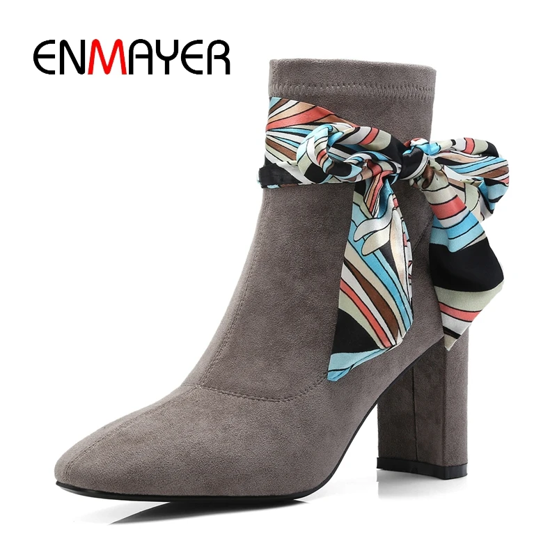 

ENMAYER Basic Round Toe Slip-On Ankle Winter Boots Snow Boots Pig Suede Square Heel Zapatos De Mujer Size34-43 ZYL1777