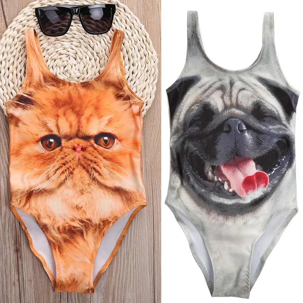 Коллекция года, одежда для купания для маленьких девочек, пляжная одежда, летний Цельный купальник для малышей, милый купальный костюм с изображением животных, кошек и счастливой собаки, подходящий размер