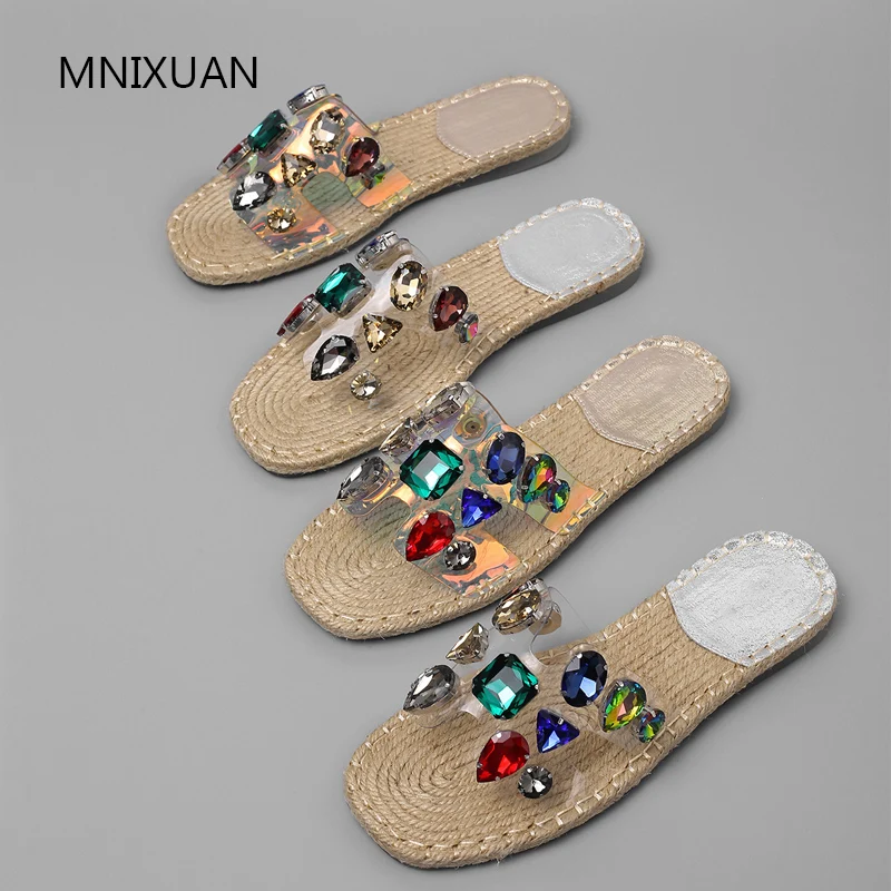 

MNIXUAN National Bohemian summer women beach slides shoes 2019 summer new open toe transparent rhinestone grass weaving slippers