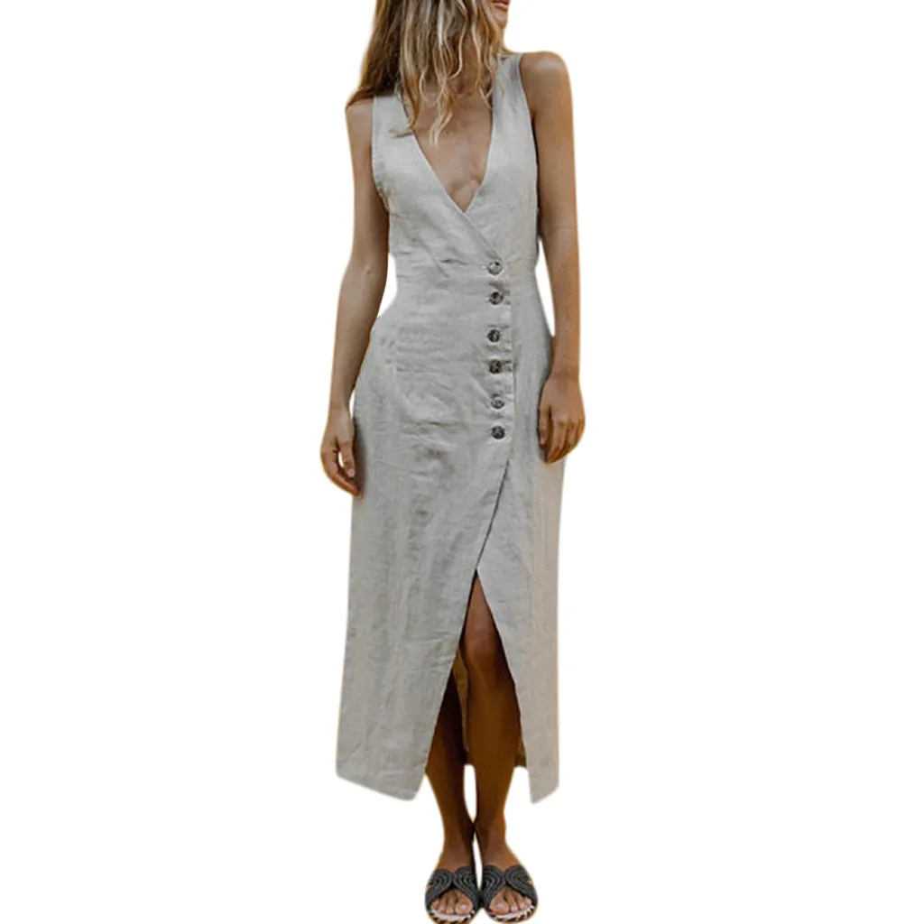 

JAYCOSIN Women Elegant Summer Dress Buttons V Neck Sleeveless Cotton Linen Dresses Casual Solid Dress vestidos dropshipping 430W