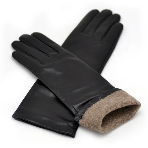 Женские перчатки средней длины из натуральной кожи черного цвета - Цвет: wool lining