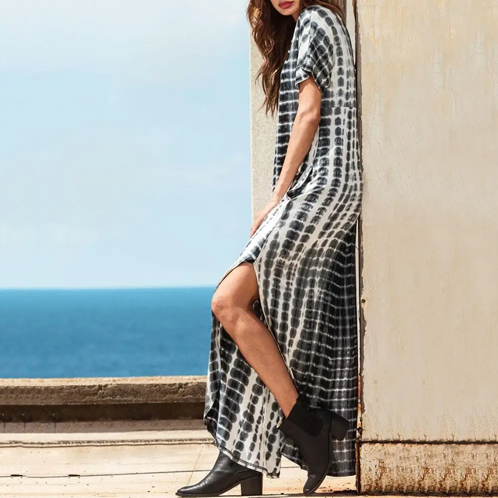

Fashion Bohemian Summer Beach Party Women Sundress Tie Dye V Neck Short Sleeve Lady Casual Loose Split Long Maxi Dress Vestidos