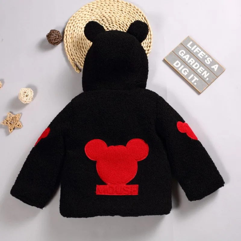 

girl boy cartoon mouse winter jacket coat outerwear warm thicken teddy fleece baby bebe children kids parka ears on the hood 2 3