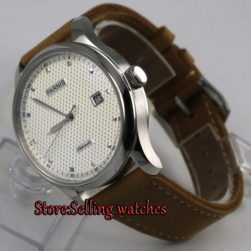 

43mm parnis white dial date window leather ST 2551 automatic mens watch