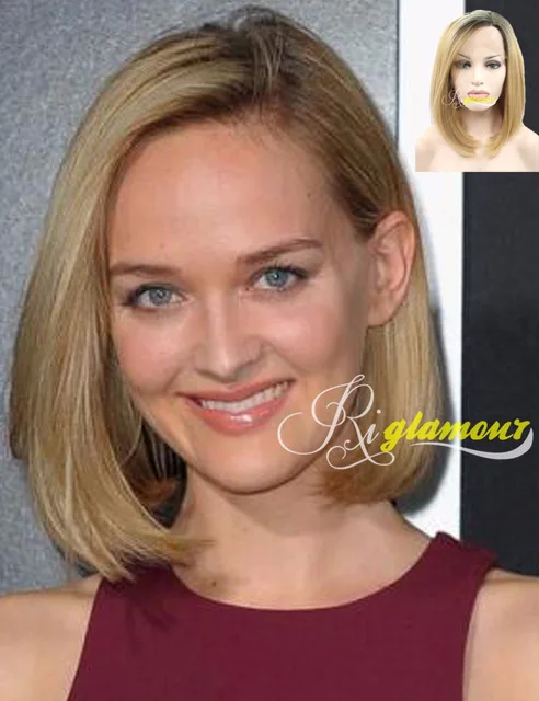 Ombre Blonde Bob Wig Dark Roots Straight 2 Tone Short Synthetic