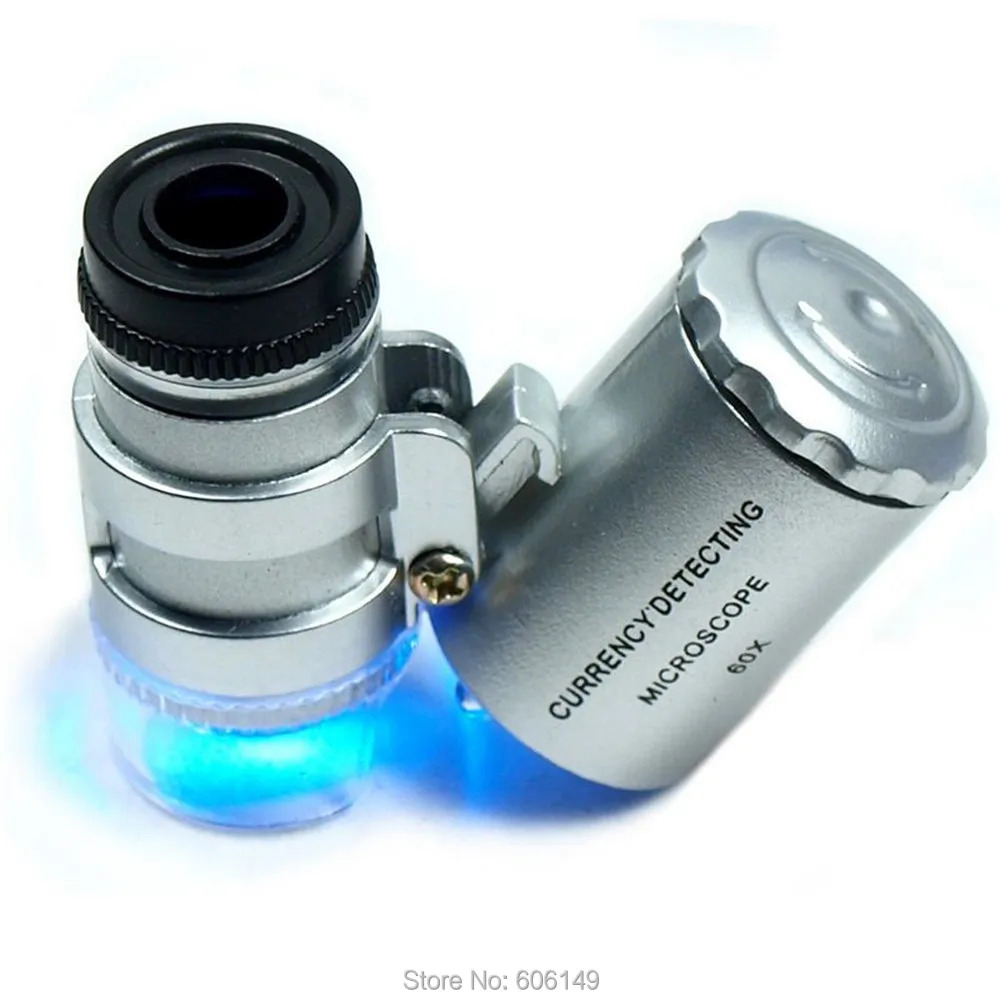 2 х мини 60 X Светодиодный УФ-света Карманный микроскоп ювелир лупы Лупа Бесплатная доставка