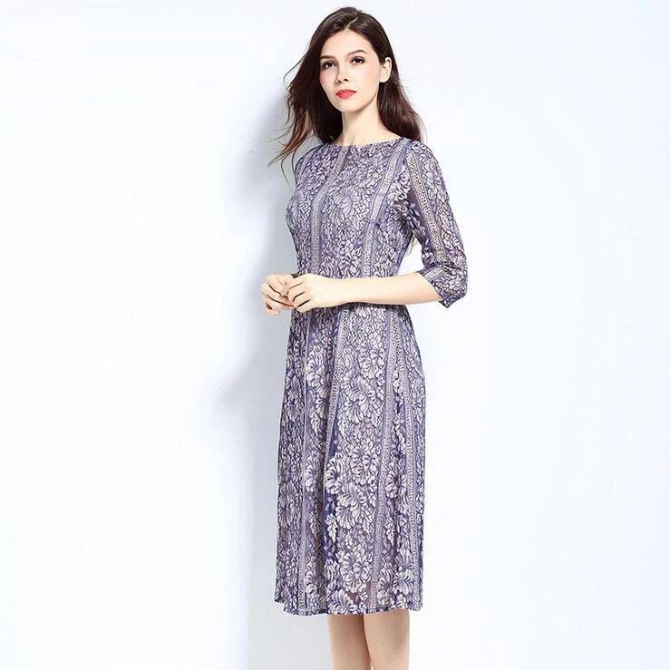 Blue Purple Color Chiffon Lace Dress Summer Dress Women 3/4 Sleeve Elegant High-waist Slim Dress 5XL Plus Size Vestidos