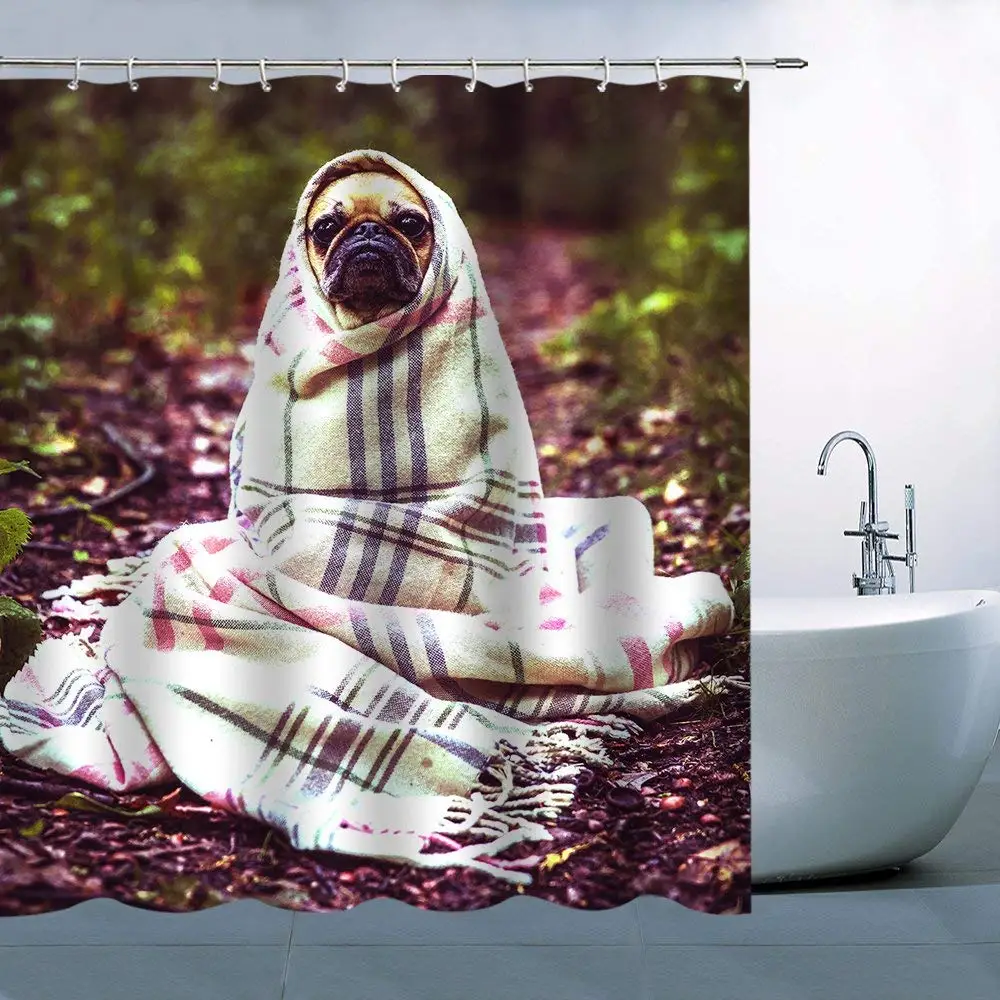 Animal Dog Pattern Theme Shower Curtain Wrapped In Scarf Lying On Pathway Green Plant Waterproof 2018 New Style | Дом и сад
