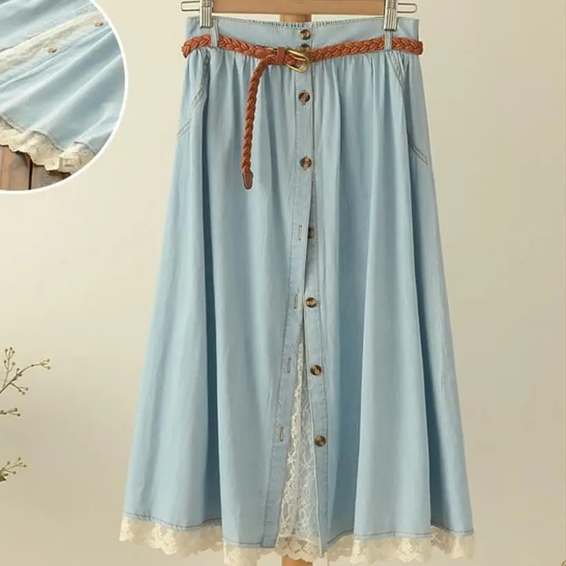 

Summer Women Cotton Denim Skirt Lace Patchwork Single Breasted Pleated Jean Long Skirt