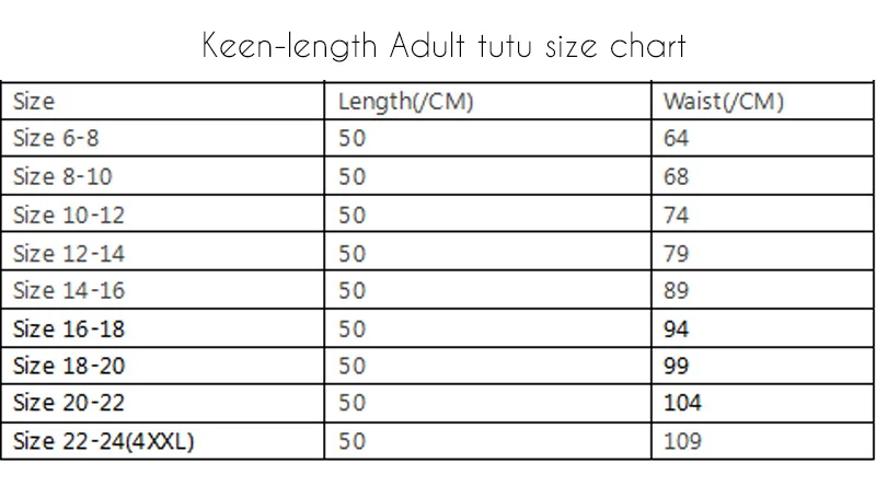 tutu skirts womens size chart