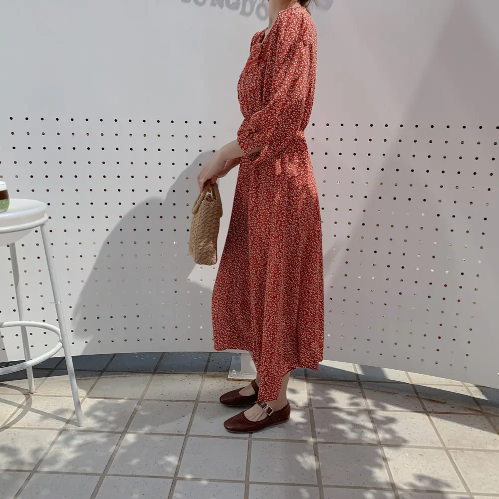 Милые платья,, женская одежда в Корейском стиле, дизайнерское ТРАПЕЦИЕВИДНОЕ темпераментное женское Красное винтажное платье с принтом, длинное