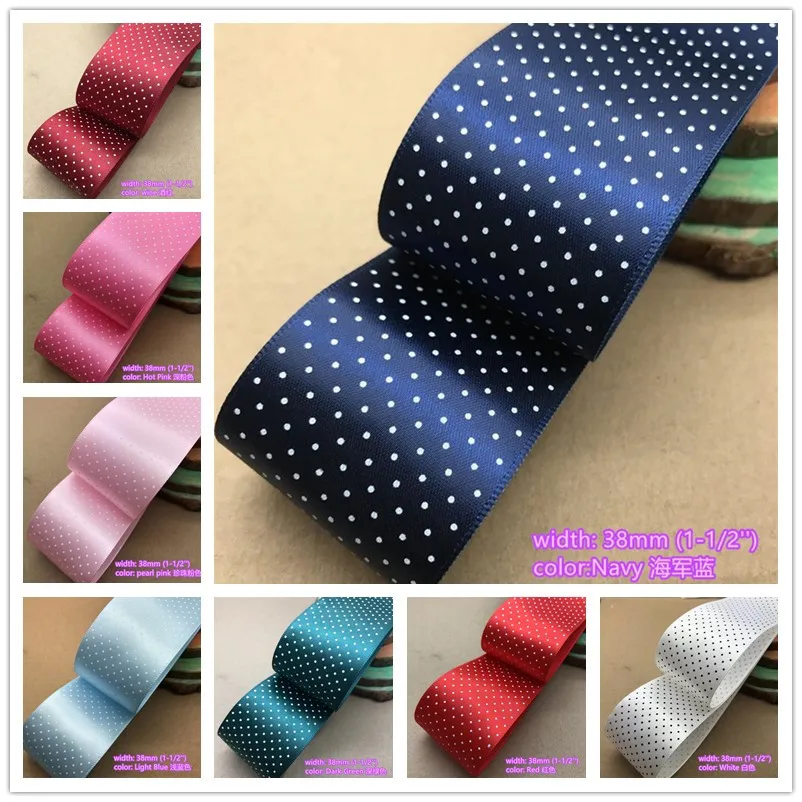 

14 colors to select 10 yards 38mm width Dots printed Satin Ribbon Tapes for hairbow gift bakery pack clothing wear Bowknot DIY