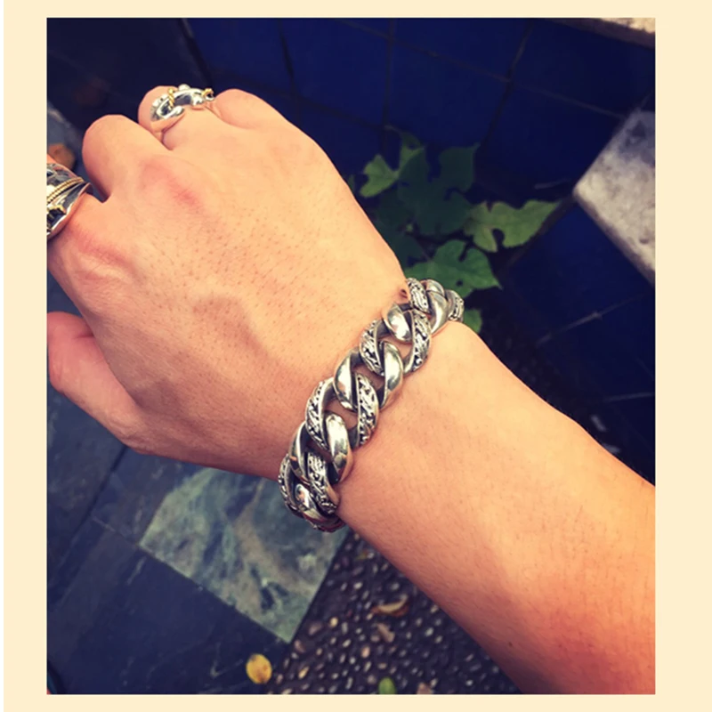 Настоящее 925 пробы, серебряные мужские браслеты, растительный тотем, широкий 18, панк-рок, винтажный тяжелый тайский серебряный браслет, мужские роскошные ювелирные изделия, подарок