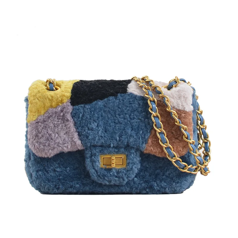 

Lambswool Wool Handbags For Women Patchwork Color Lump Chain Designer Messenger Bag Hit Color Winter Girls Purses Shoulder Bag