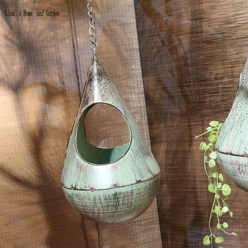 handcrafted vintage green iron ceiling hanging flower planter (3)
